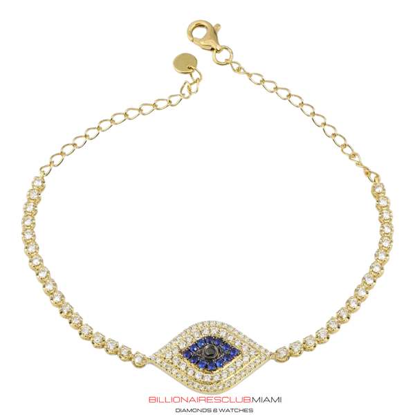 This piece is handcrafted and manufactured by BillionairesClub.Miami  All of the VS diamonds are hand-set by a master diamond setter in the highest quality craftsmanship. This piece is made of solid gold.   Our handcrafted Gold Evil Eye & Crown Prong Diamond Tennis Bracelet contain famous designs seen on various entertainers and celebrities around the world.