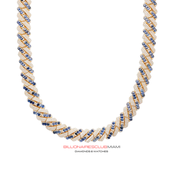 Miami Cuban Link Chain 14k Gold With Diamonds and Sapphires