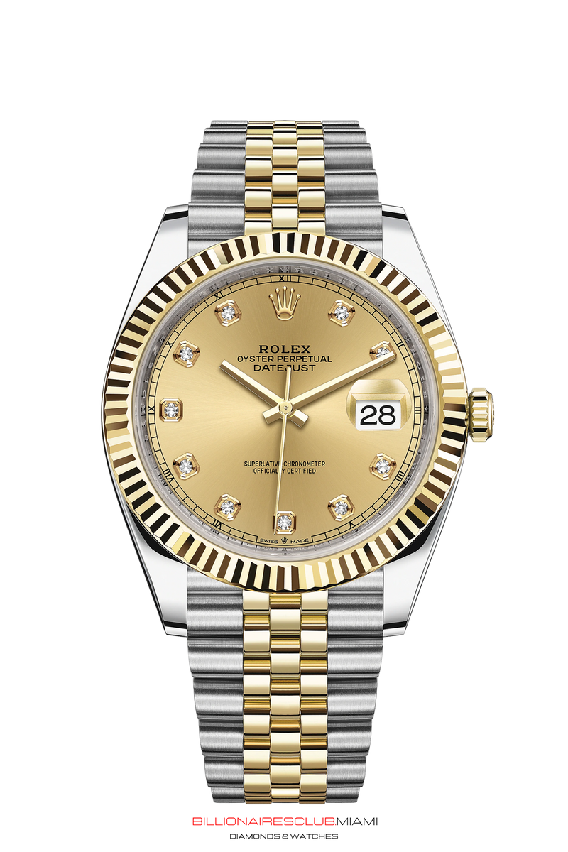 THIS OYSTER PERPETUAL DATEJUST 41 IN OYSTERSTEEL AND YELLOW GOLD FEATURES A FLUTED BEZEL AND A JUBILEE BRACELET. The light reflections on the case sides and lugs highlight the elegant profile of the 41 mm Oyster case, which is fitted with a fluted bezel. Aesthetically, the Datejust has spanned eras, while retaining the enduring codes that make it, notably in its traditional versions, one of the most recognized and recognizable of watches.