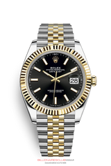 THIS OYSTER PERPETUAL DATEJUST 41 IN OYSTERSTEEL AND YELLOW GOLD FEATURES A FLUTED BEZEL AND A JUBILEE BRACELET. The light reflections on the case sides and lugs highlight the elegant profile of the 41 mm Oyster case, which is fitted with a fluted bezel. Aesthetically, the Datejust has spanned eras, while retaining the enduring codes that make it, notably in its traditional versions, one of the most recognized and recognizable of watches.