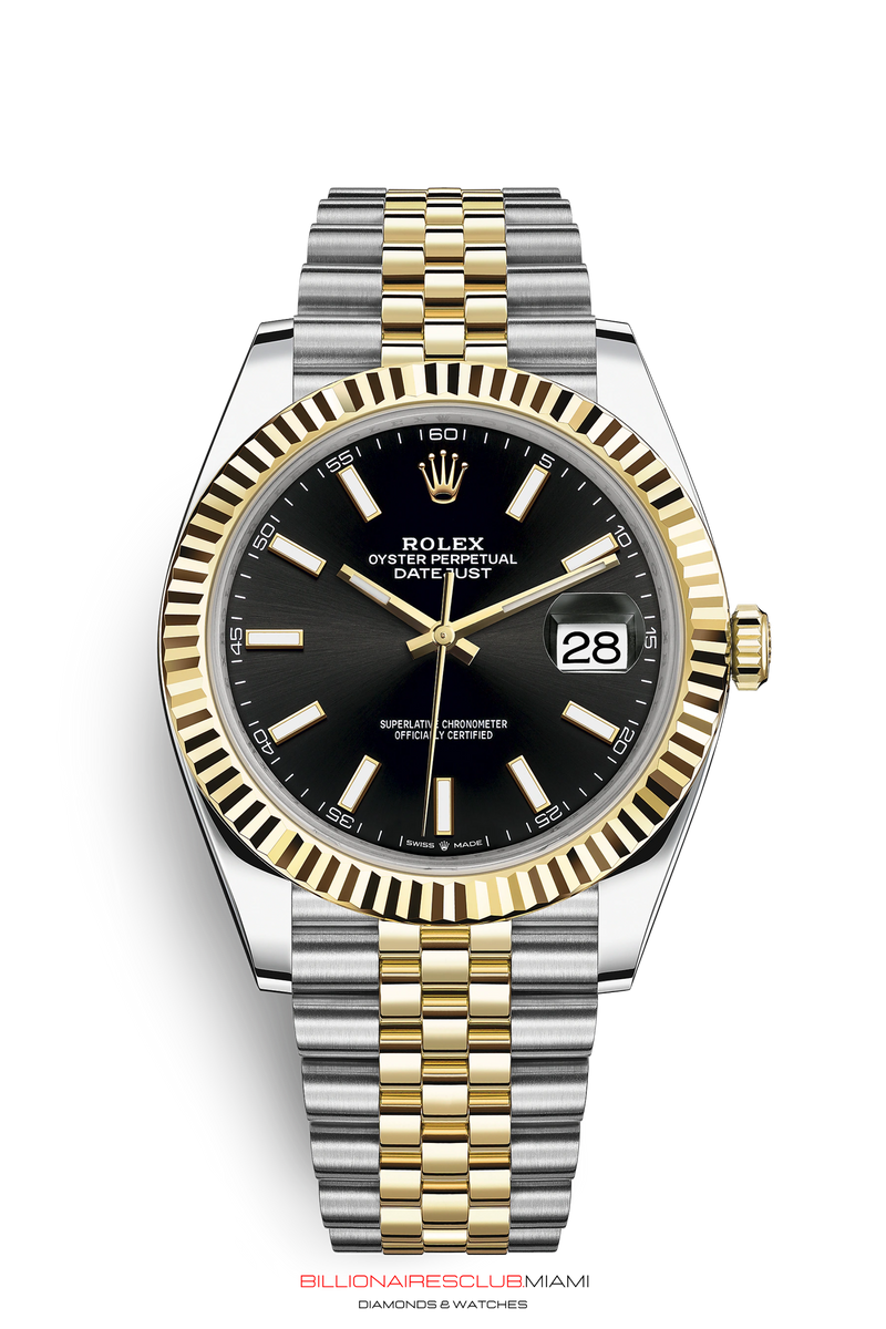 THIS OYSTER PERPETUAL DATEJUST 41 IN OYSTERSTEEL AND YELLOW GOLD FEATURES A FLUTED BEZEL AND A JUBILEE BRACELET. The light reflections on the case sides and lugs highlight the elegant profile of the 41 mm Oyster case, which is fitted with a fluted bezel. Aesthetically, the Datejust has spanned eras, while retaining the enduring codes that make it, notably in its traditional versions, one of the most recognized and recognizable of watches.