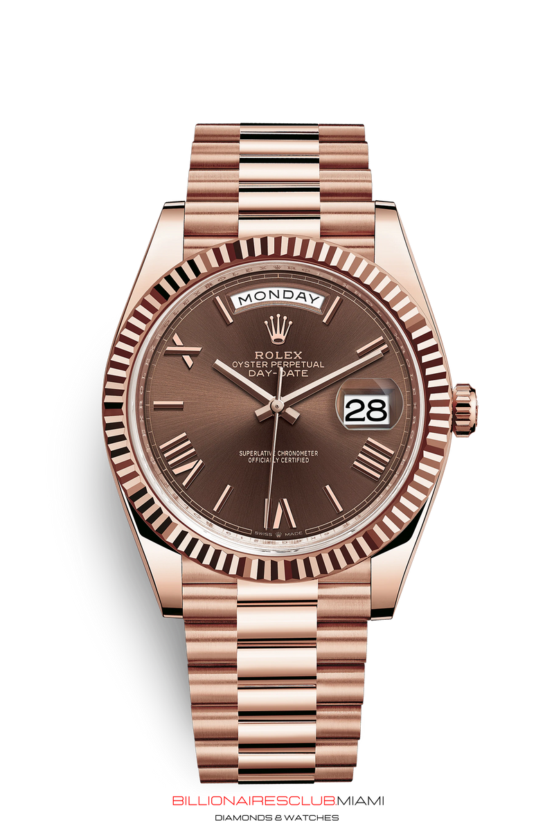 THE OYSTER PERPETUAL DAY-DATE 40 IN 18 CT EVEROSE GOLD WITH A FLUTED BEZEL AND A PRESIDENT BRACELET.