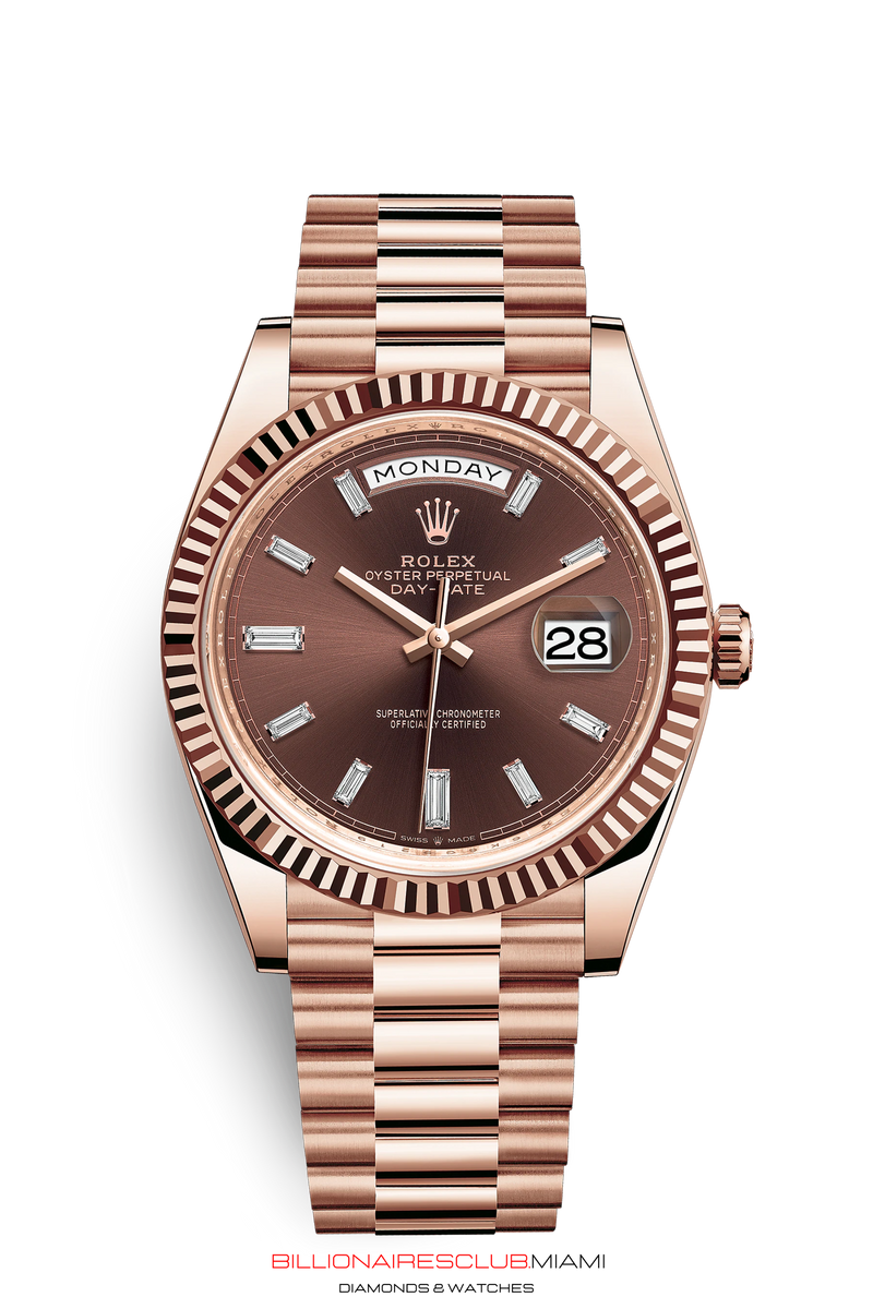 THE OYSTER PERPETUAL DAY-DATE 40 IN 18 CT EVEROSE GOLD WITH A FLUTED BEZEL AND A PRESIDENT BRACELET.