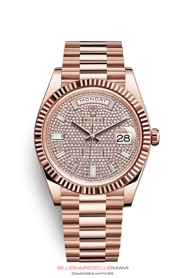 THE OYSTER PERPETUAL DAY-DATE 40 IN 18 CT EVEROSE GOLD WITH A FLUTED BEZEL AND A PRESIDENT BRACELET.