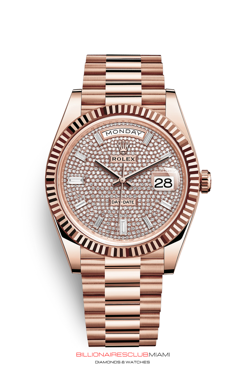 THE OYSTER PERPETUAL DAY-DATE 40 IN 18 CT EVEROSE GOLD WITH A FLUTED BEZEL AND A PRESIDENT BRACELET.