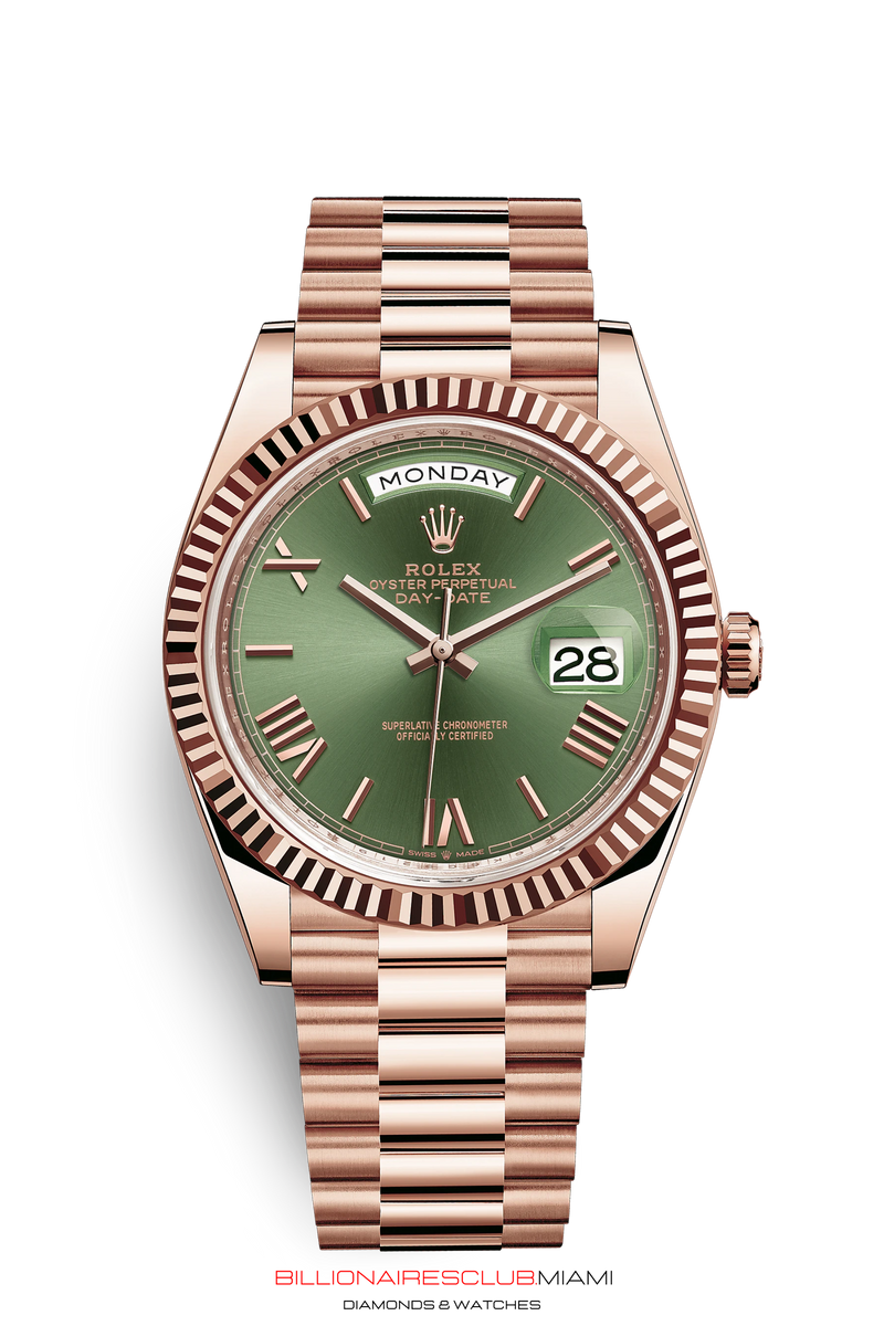 THE OYSTER PERPETUAL DAY-DATE 40 IN 18 CT EVEROSE GOLD WITH A FLUTED BEZEL AND A PRESIDENT BRACELET.